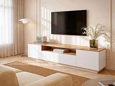 Mueble TV con 3 puertas y 1 estante - blanco y natural - LOTULA