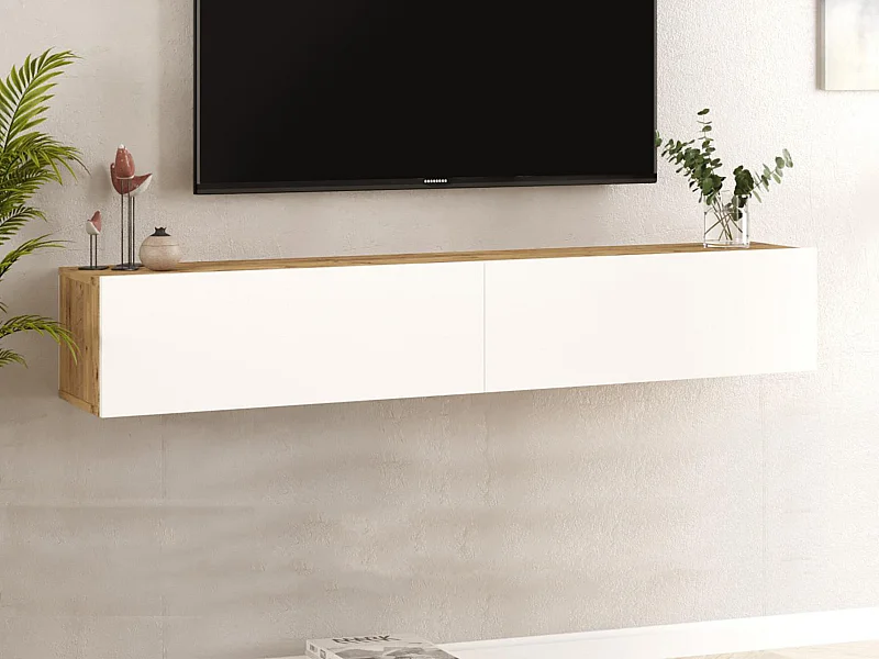 Meuble TV suspendu avec 2 portes - Blanc et naturel - AUBEPINA