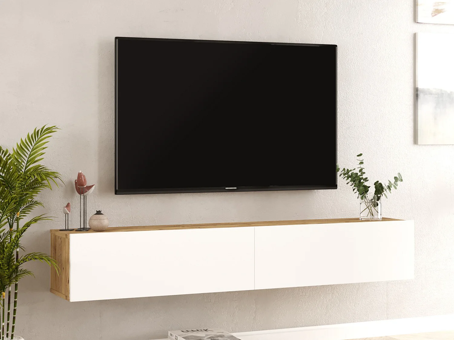Meuble TV suspendu avec 2 portes - Blanc et naturel - AUBEPINA