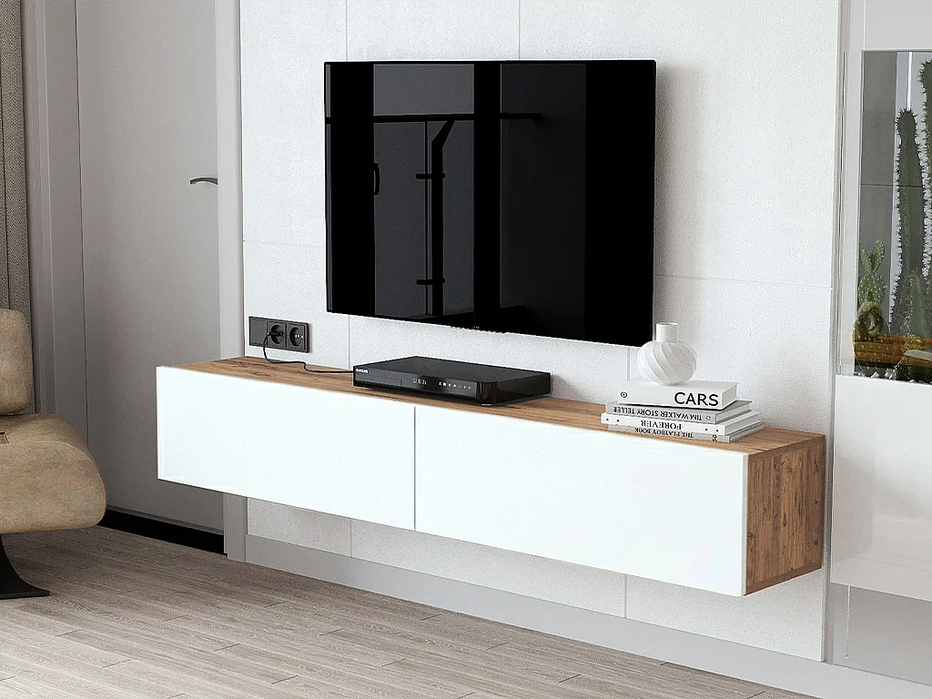 Tv-meubel om op te hangen met 2 deuren - Wit en naturel - AUBEPINA