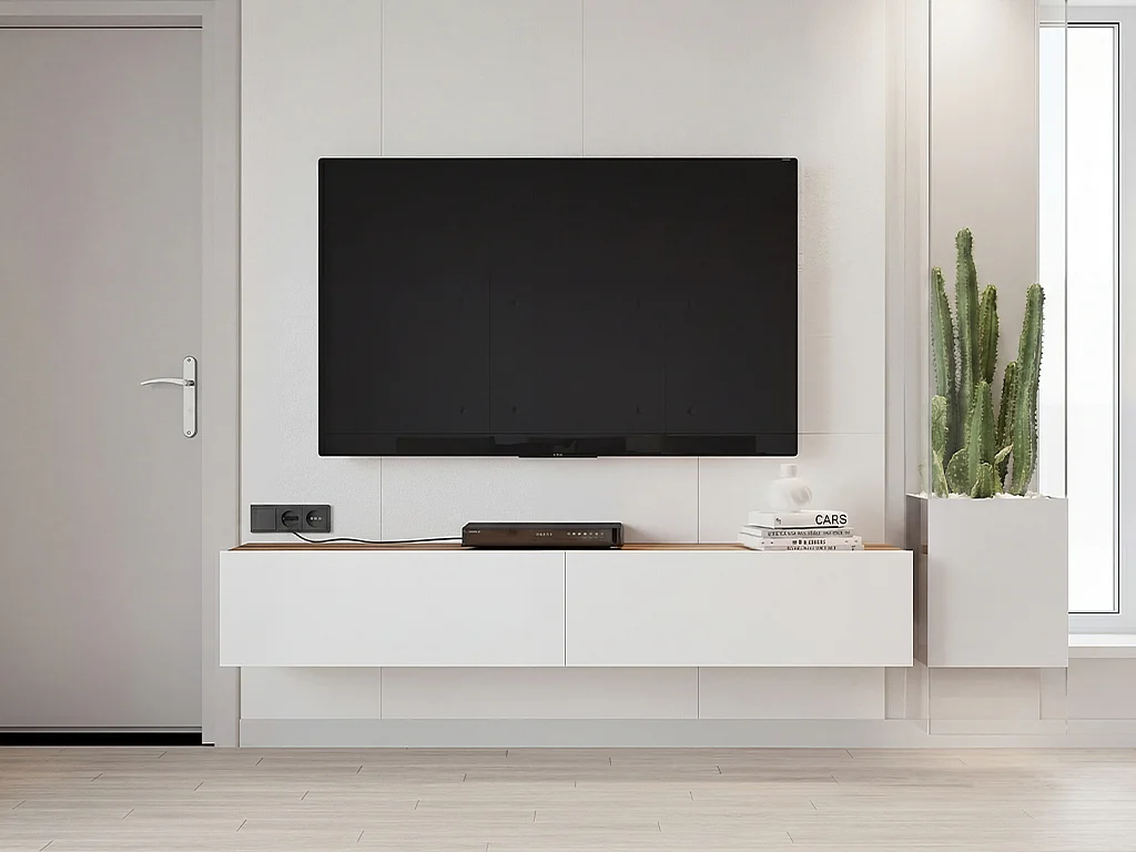 Tv-meubel om op te hangen met 2 deuren - Wit en naturel - AUBEPINA