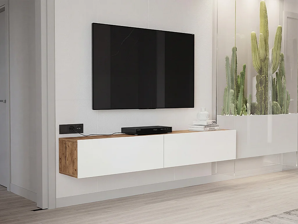 Tv-meubel om op te hangen met 2 deuren - Wit en naturel - AUBEPINA