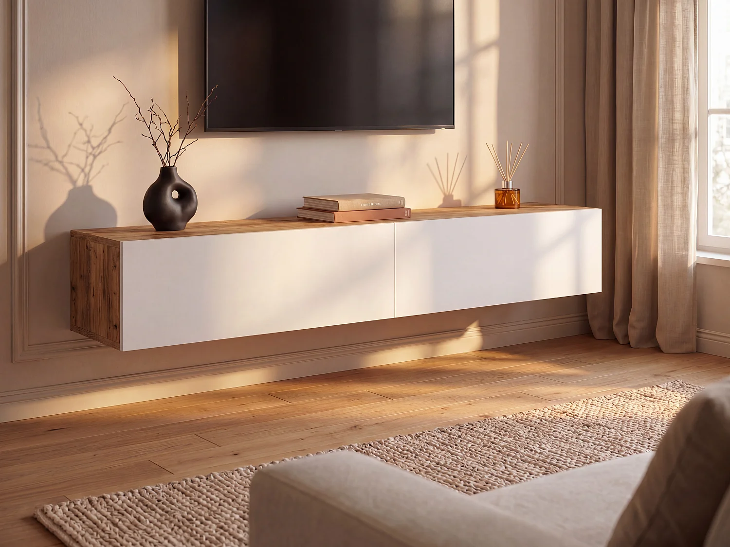Meuble TV suspendu avec 2 portes - Blanc et naturel - AUBEPINA