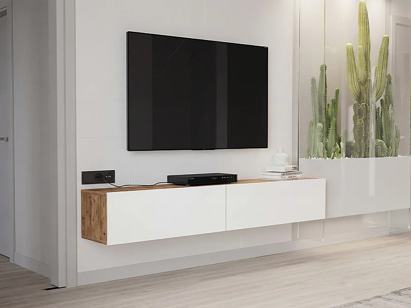 Hängendes TV-Möbel mit 2 Türen - Weiß & Holzfarben- AUBEPINA