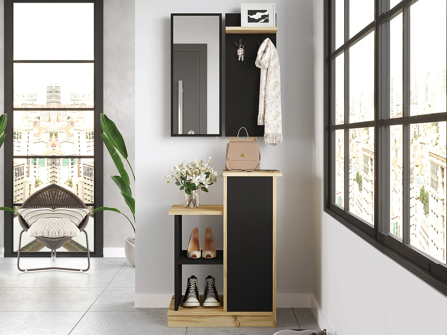 Vestiaire avec miroir et rangements - Anthracite et naturel - BAVALO