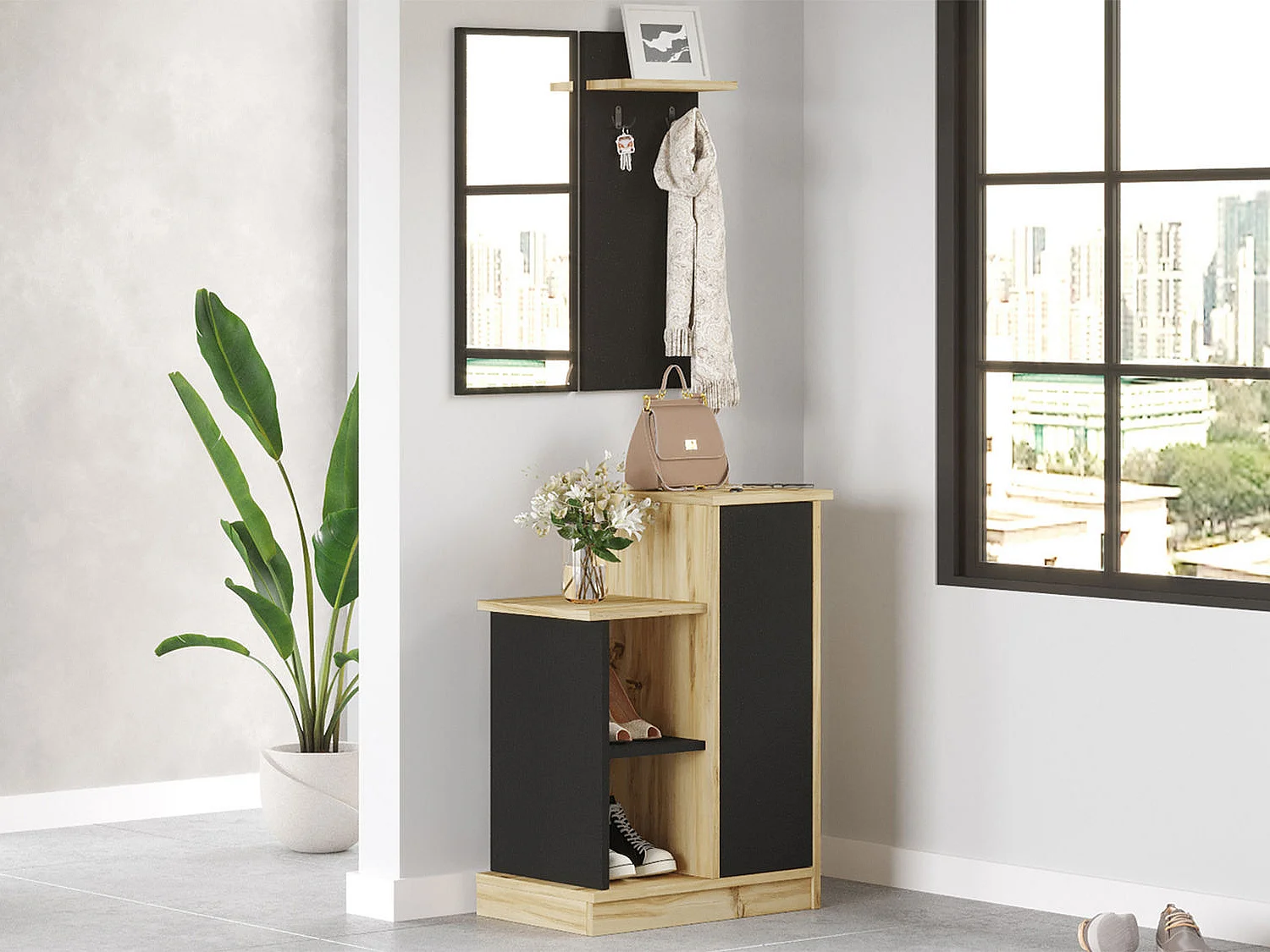 Vestiaire avec miroir et rangements - Anthracite et naturel - BAVALO