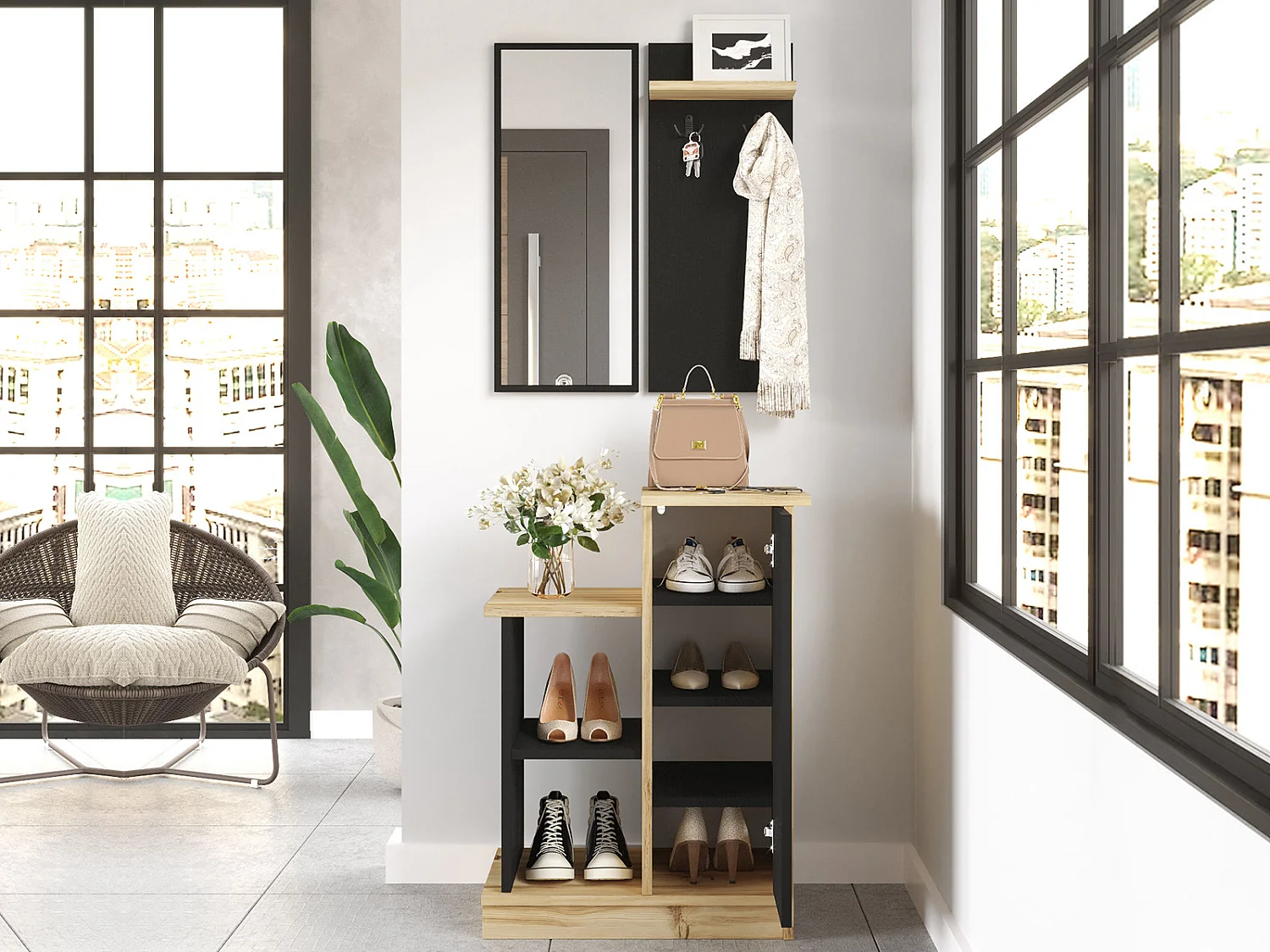 Vestiaire avec miroir et rangements - Anthracite et naturel - BAVALO