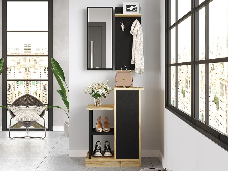 Vestiaire avec miroir et rangements - Anthracite et naturel - BAVALO