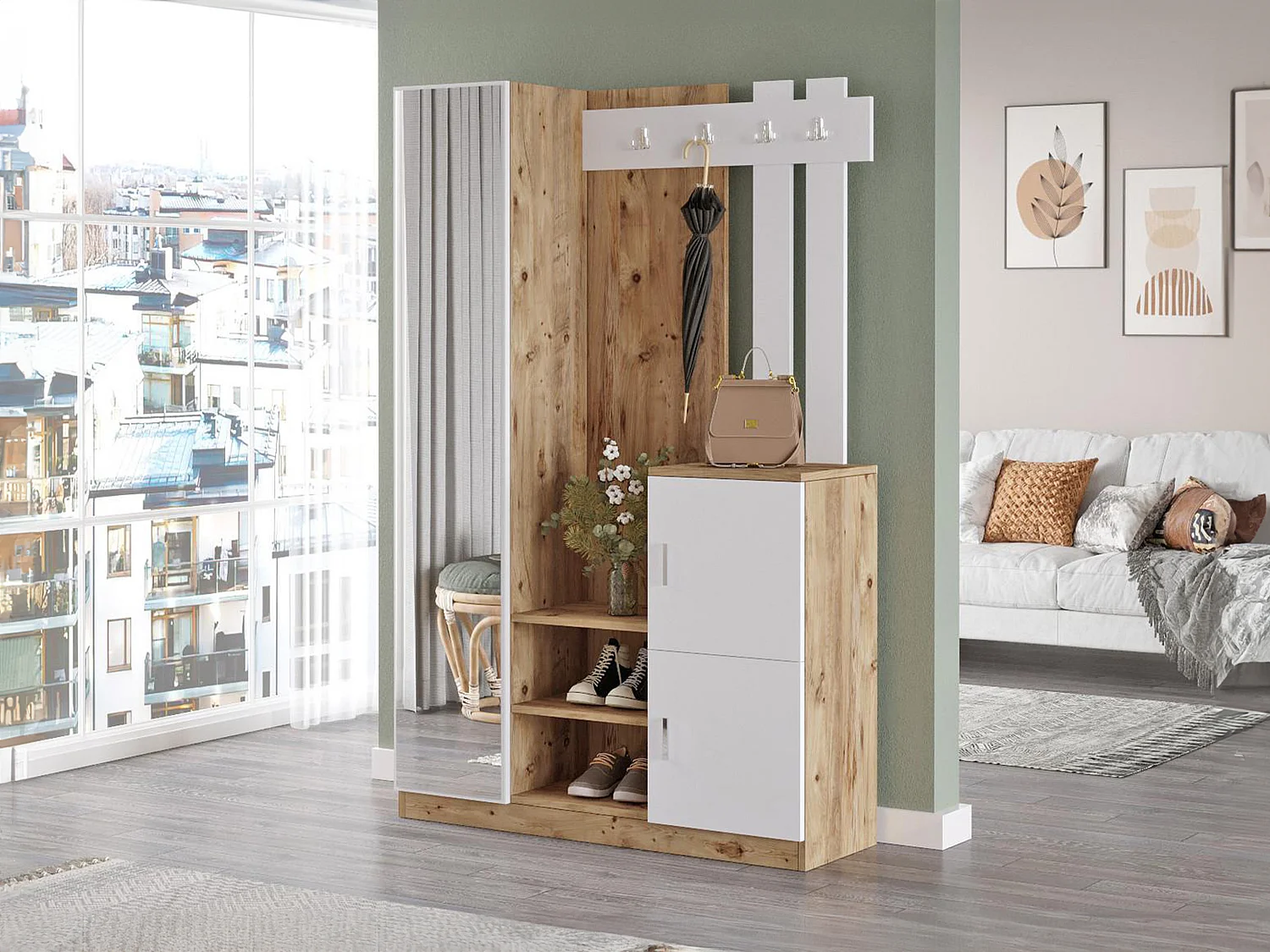Vestiaire avec 3 portes et 1 miroir - Blanc et naturel - MIROTA