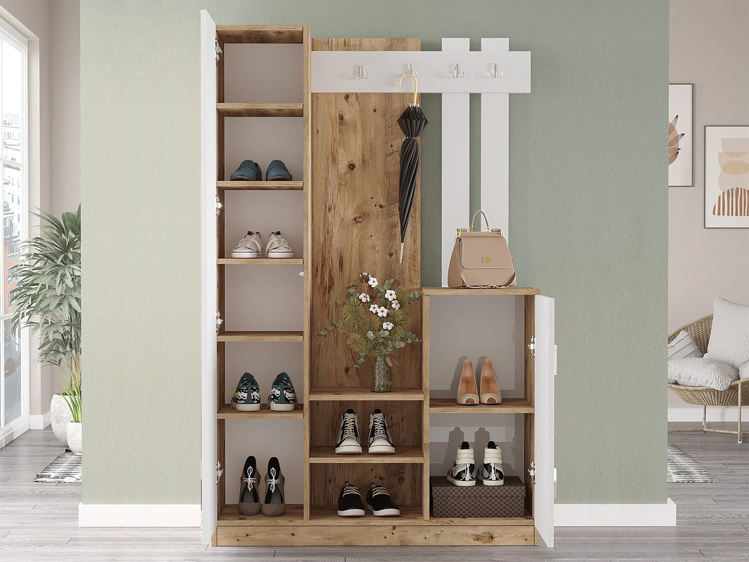 Vestiaire avec 3 portes et 1 miroir - Blanc et naturel - MIROTA