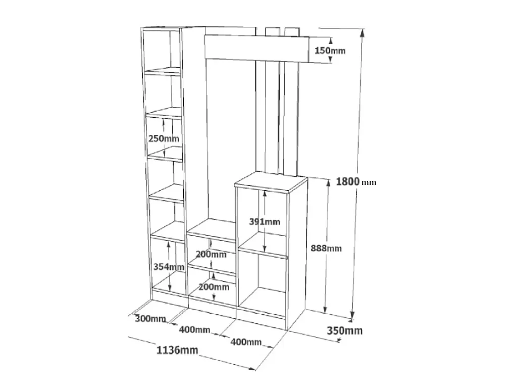 Garderobeskab med 3 låger og spejl i hvid og naturfarve MIROTA