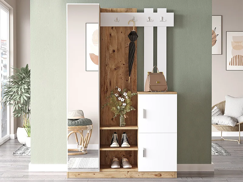 Vestiaire avec 3 portes et 1 miroir - Blanc et naturel - MIROTA