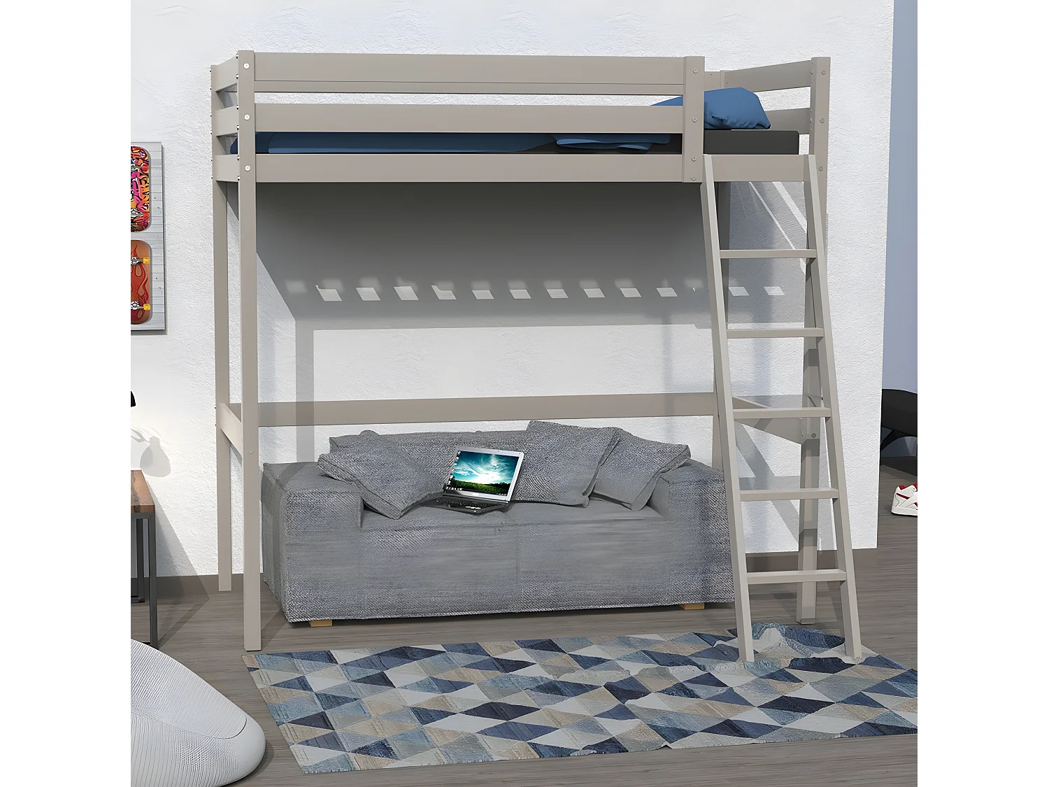 Lit mezzanine STUDIO 90x190 + 1 sommier / Gris Taupe