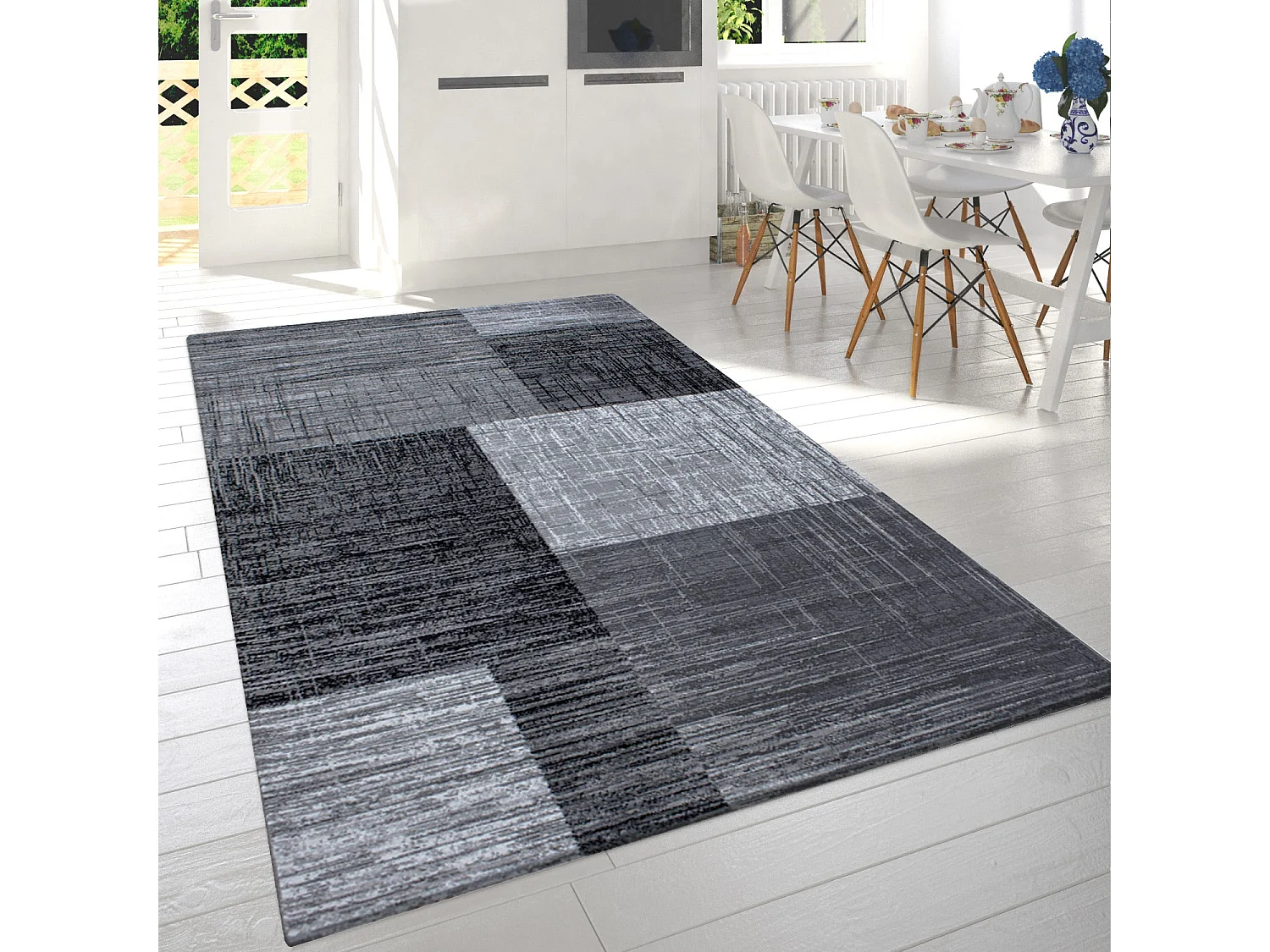 GEO - Tapis Géométrique à carreaux - Anthracite et Gris 200 x 290 cm