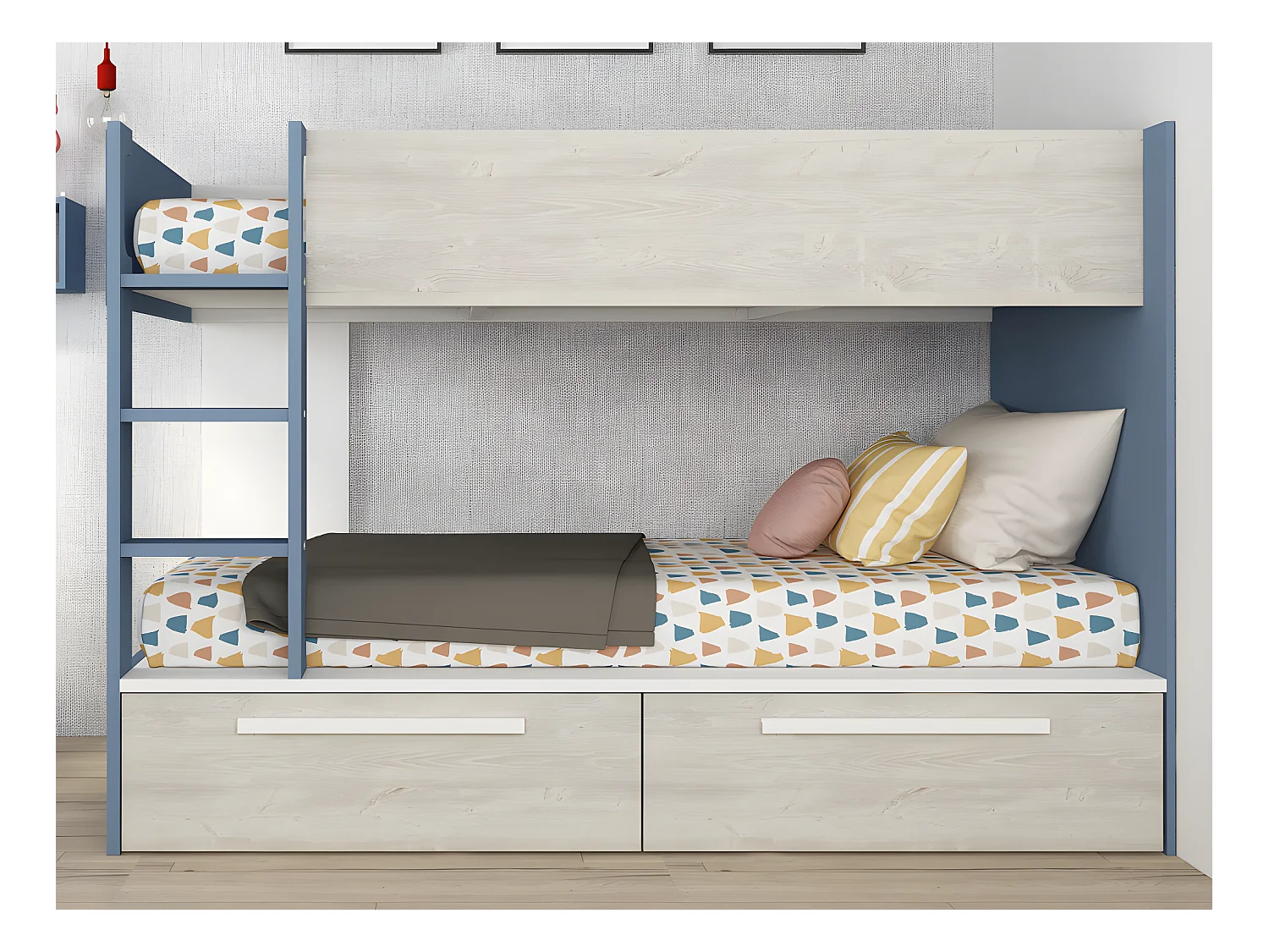 Stapelbed 2 x 90 x 200 cm - 2 laden - Blauw, naturel en wit + Matras - TINOLI