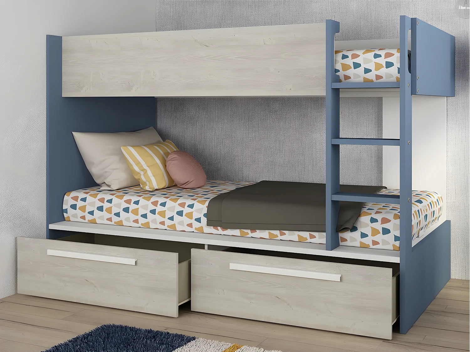 Lits superposés 2 x 90 x 200 cm - 2 tiroirs - Bleu, naturel et blanc + Matelas - TINOLI