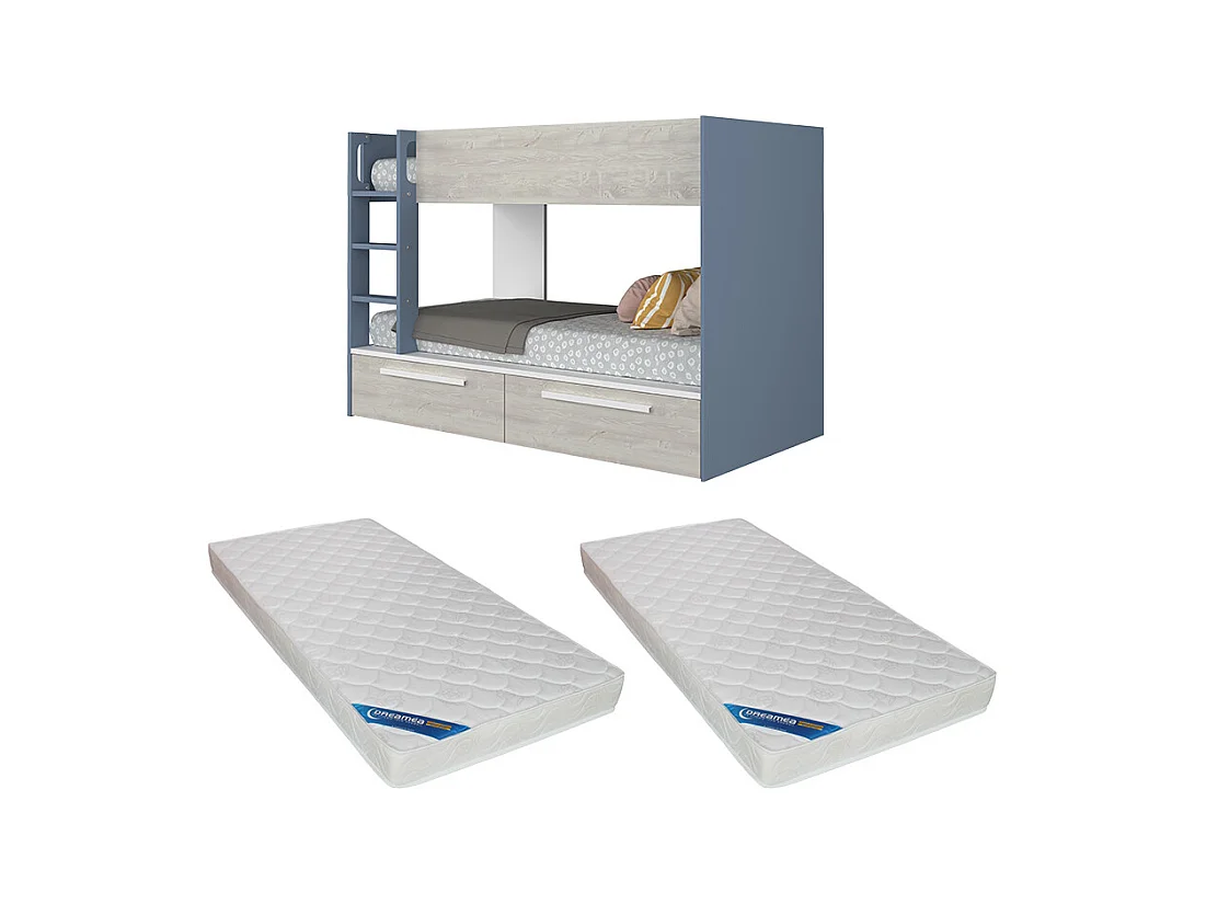 Lits superposés 2 x 90 x 200 cm - 2 tiroirs - Bleu, naturel et blanc + Matelas - TINOLI