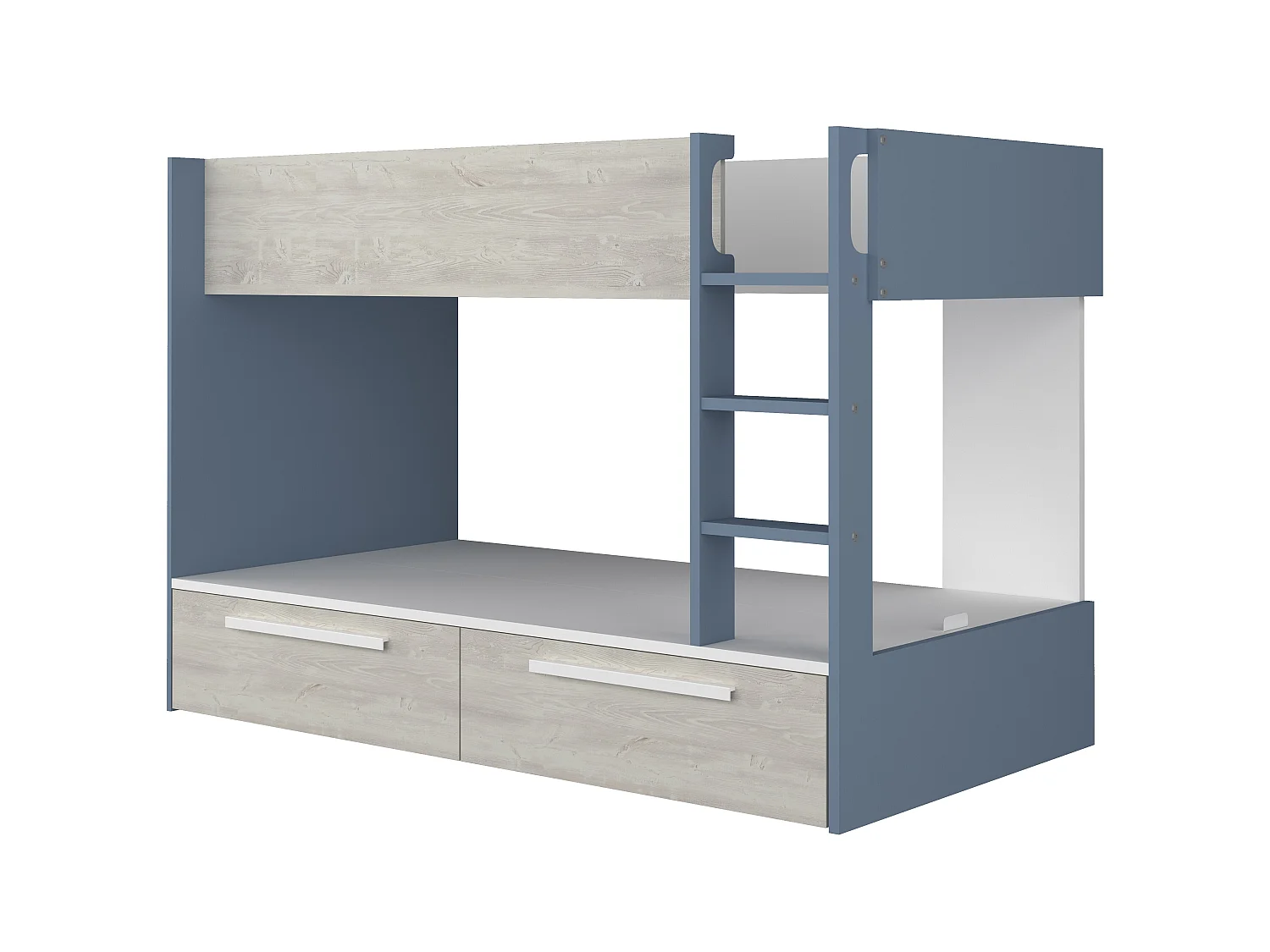 Lits superposés 2 x 90 x 200 cm - 2 tiroirs - Bleu, naturel et blanc + Matelas - TINOLI