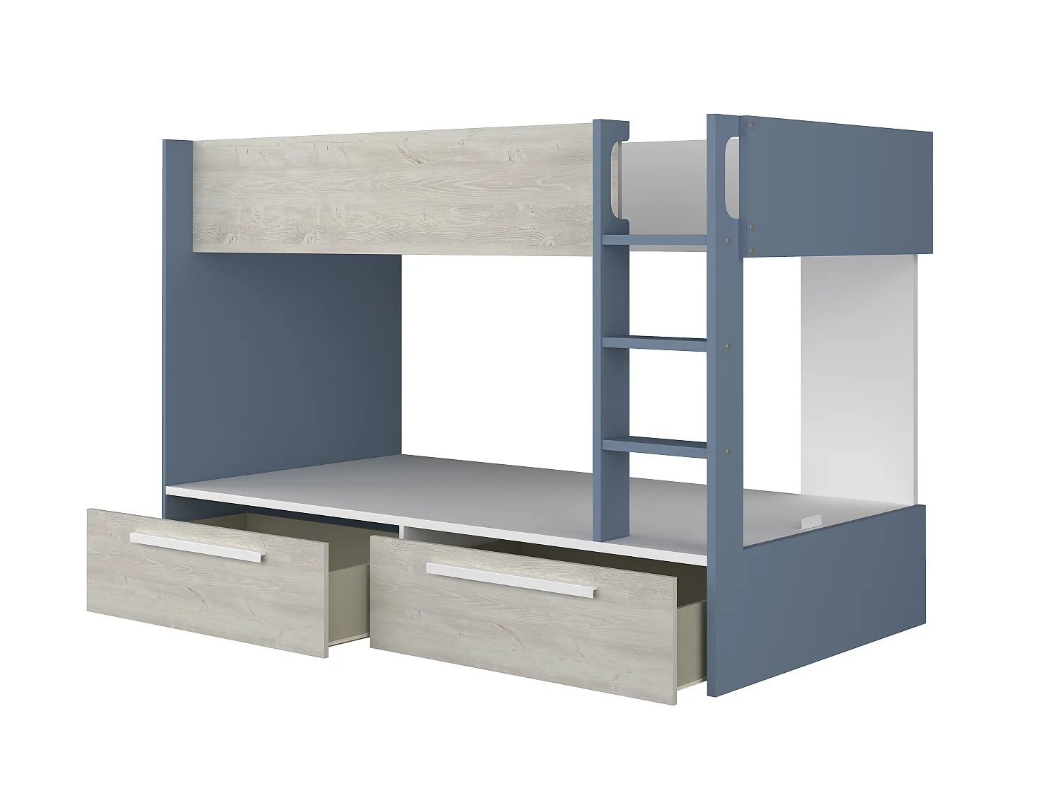 Lits superposés 2 x 90 x 200 cm - 2 tiroirs - Bleu, naturel et blanc + Matelas - TINOLI