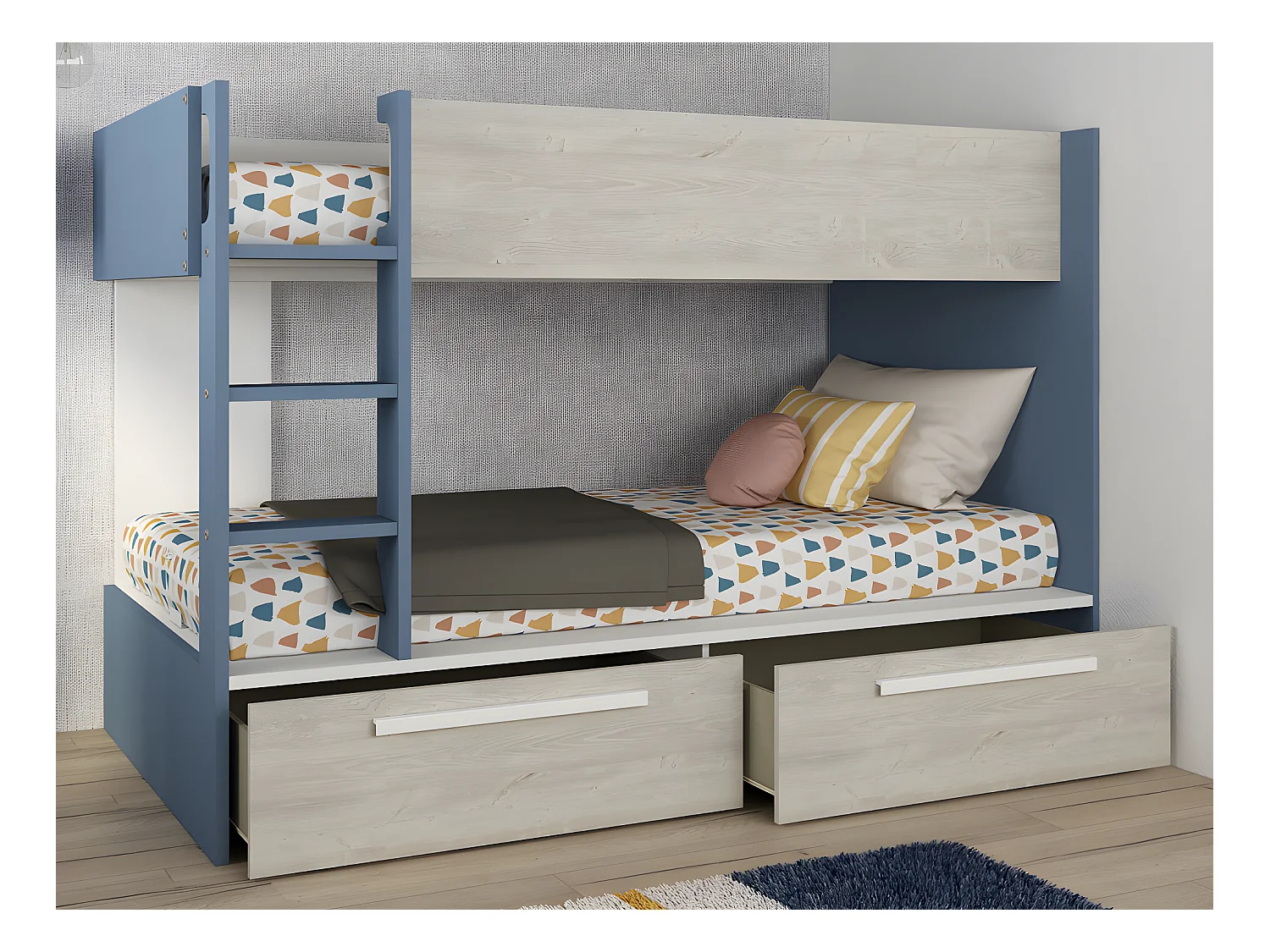 Lits superposés 2 x 90 x 200 cm - 2 tiroirs - Bleu, naturel et blanc + Matelas - TINOLI