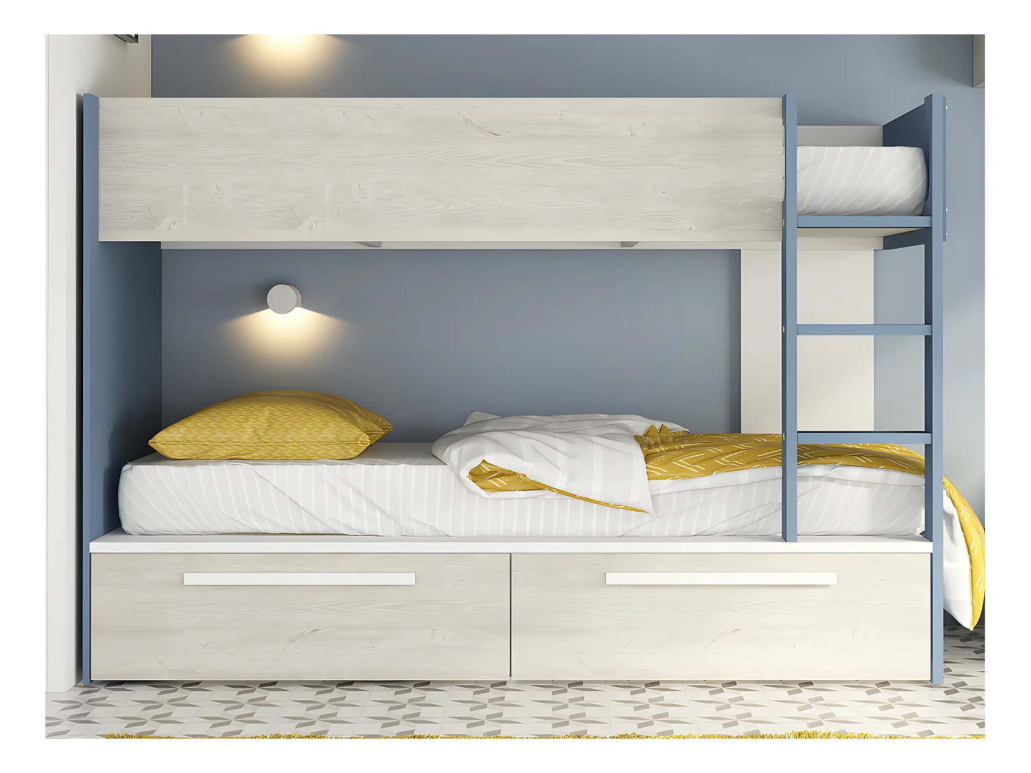 Lits superposés 2 x 90 x 200 cm - 2 tiroirs - Bleu, naturel et blanc + Matelas - TINOLI