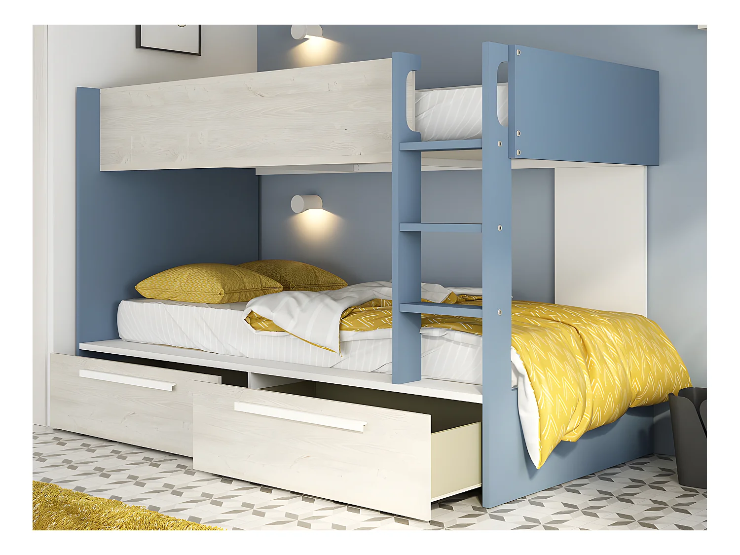 Lits superposés 2 x 90 x 200 cm - 2 tiroirs - Bleu, naturel et blanc + Matelas - TINOLI