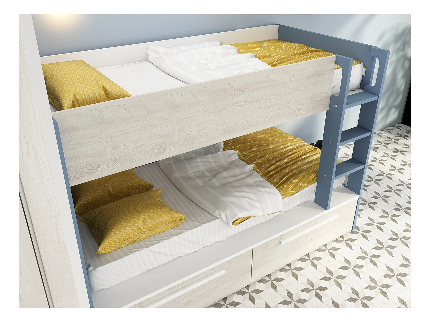 Lits superposés 2 x 90 x 200 cm - 2 tiroirs - Bleu, naturel et blanc + Matelas - TINOLI