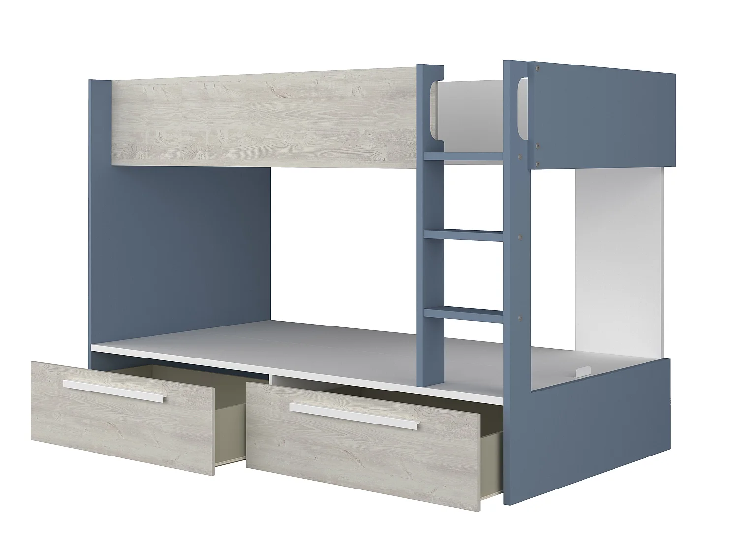 Lits superposés 2 x 90 x 200 cm - 2 tiroirs - Bleu, naturel et blanc + Matelas - TINOLI