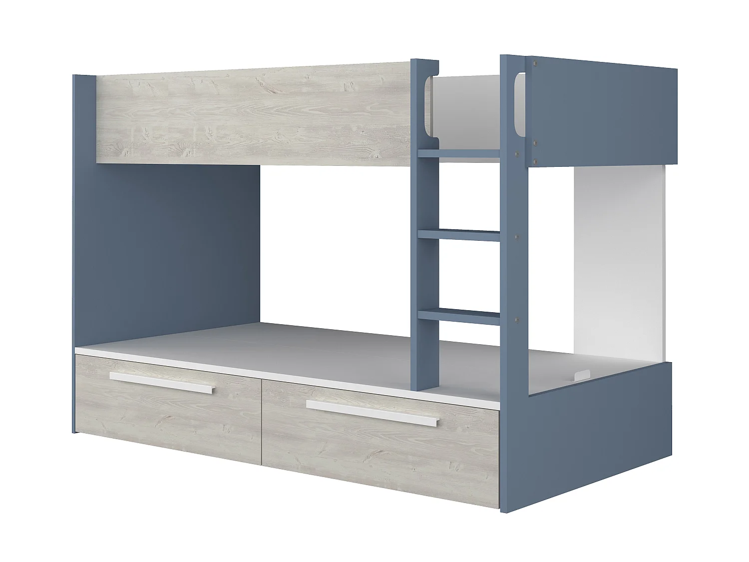 Lits superposés 2 x 90 x 200 cm - 2 tiroirs - Bleu, naturel et blanc + Matelas - TINOLI