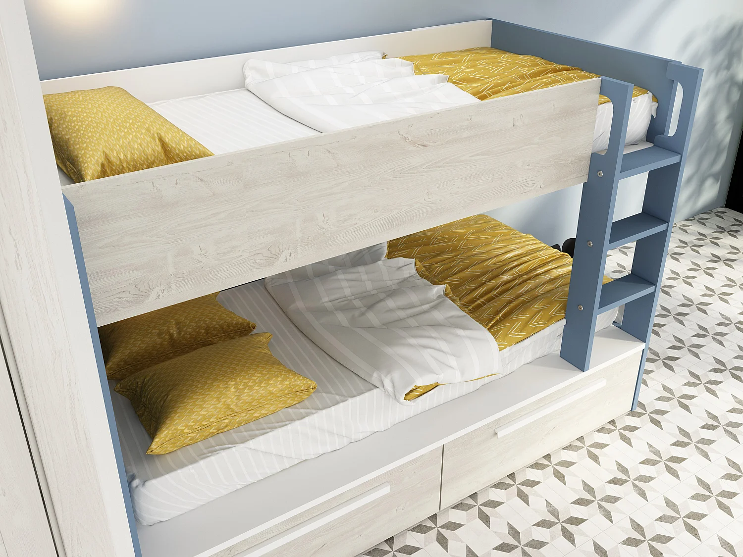 Lits superposés 2 x 90 x 200 cm - 2 tiroirs - Bleu, naturel et blanc + Matelas - TINOLI