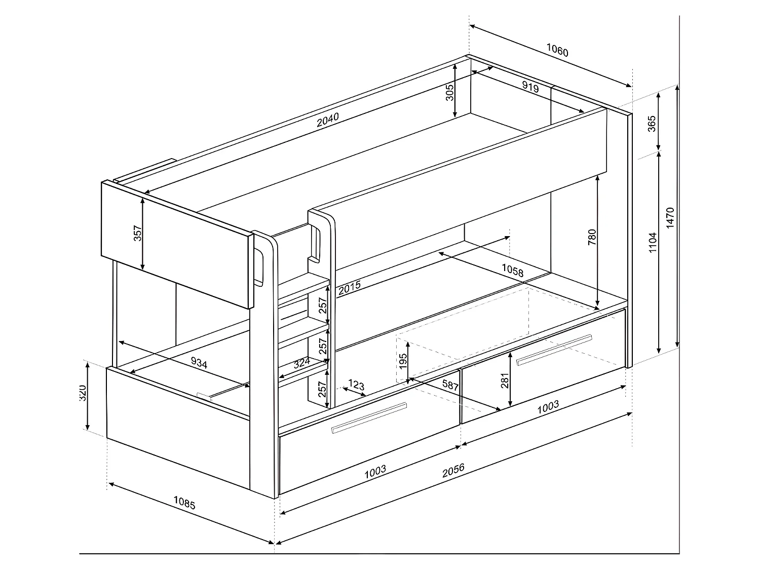 Lits superposés 2 x 90 x 200 cm - 2 tiroirs - Bleu, naturel et blanc + Matelas - TINOLI