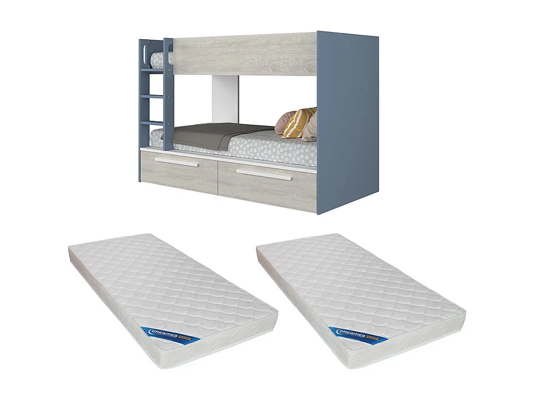 Lits superposés 2 x 90 x 200 cm - 2 tiroirs - Bleu, naturel et blanc + Matelas - TINOLI