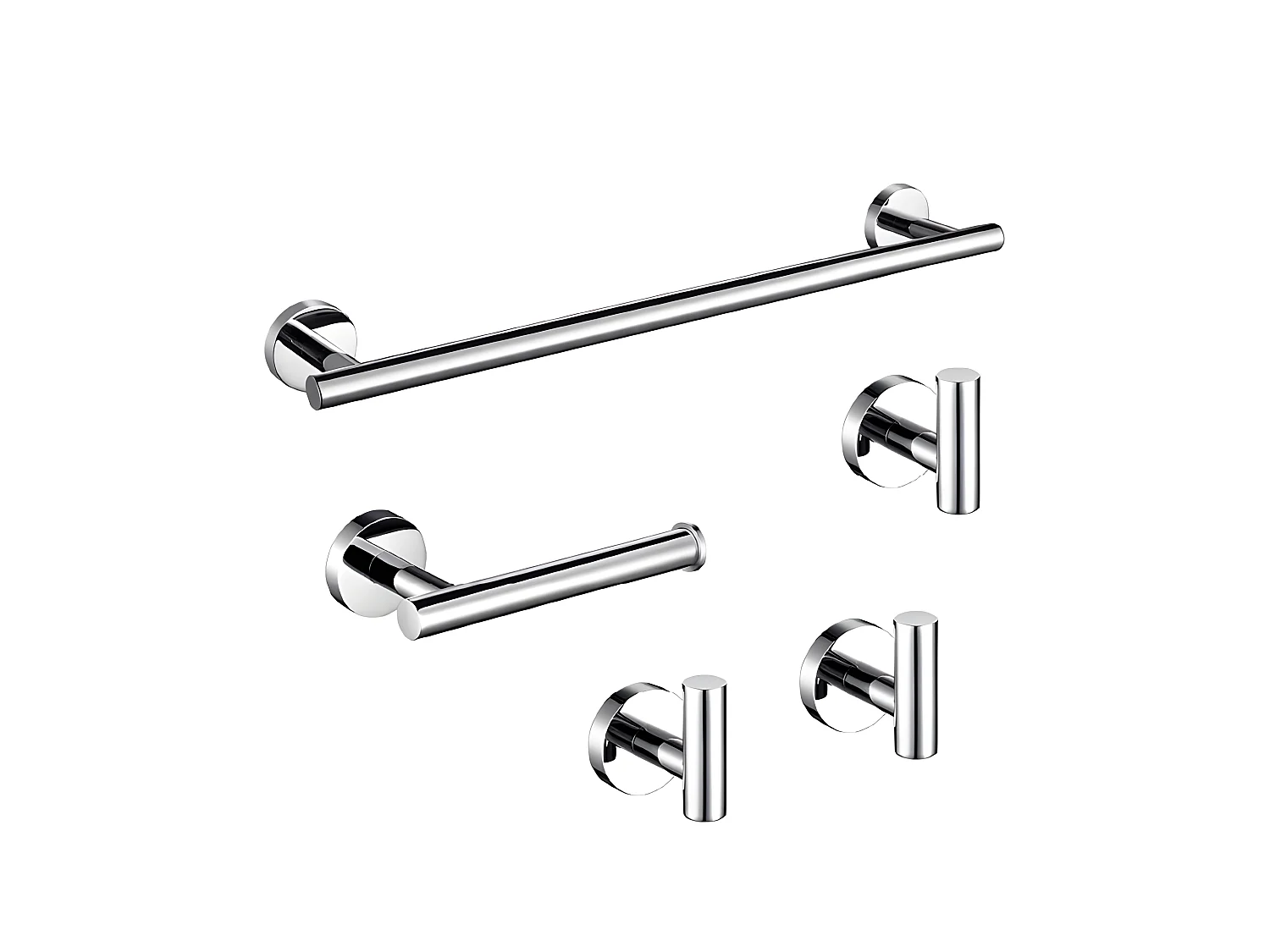 Pack accessoires salle de bain CHARLES chromé   3 crochets + 1 porte-serviette + 1 porte rouleau