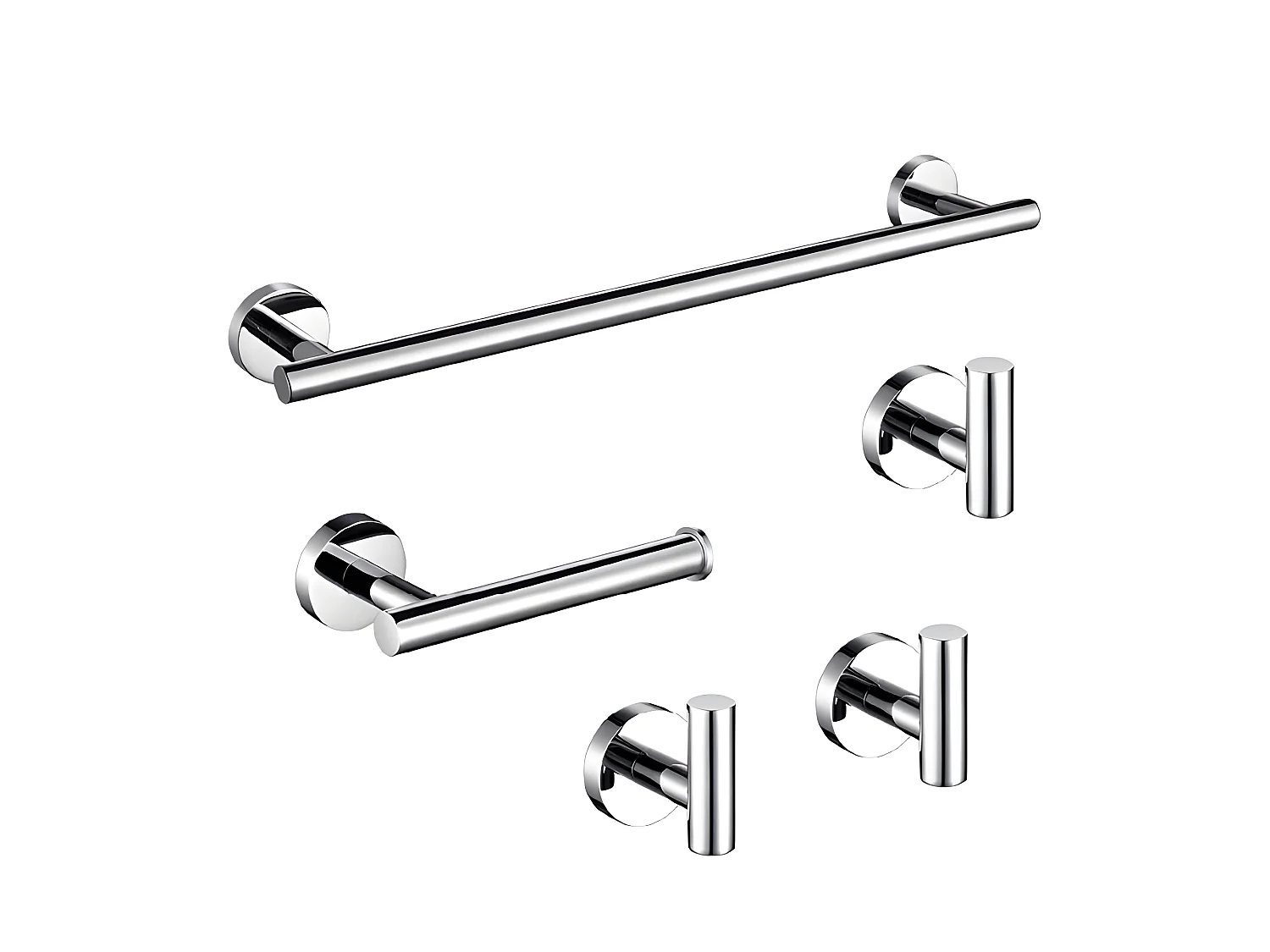 Pack accessoires salle de bain CHARLES chromé   3 crochets + 1 porte-serviette + 1 porte rouleau