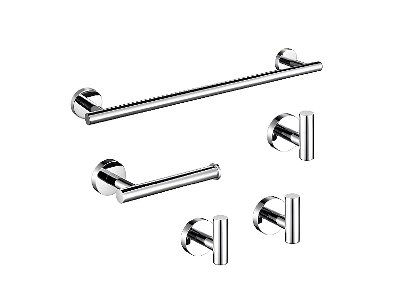 Pack accessoires salle de bain CHARLES chromé   3 crochets + 1 porte-serviette + 1 porte rouleau