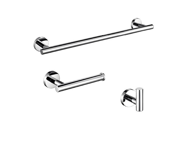 Pack accessoires salle de bain CHARLES chromé   1 crochet + 1 porte-serviette + 1 porte rouleau