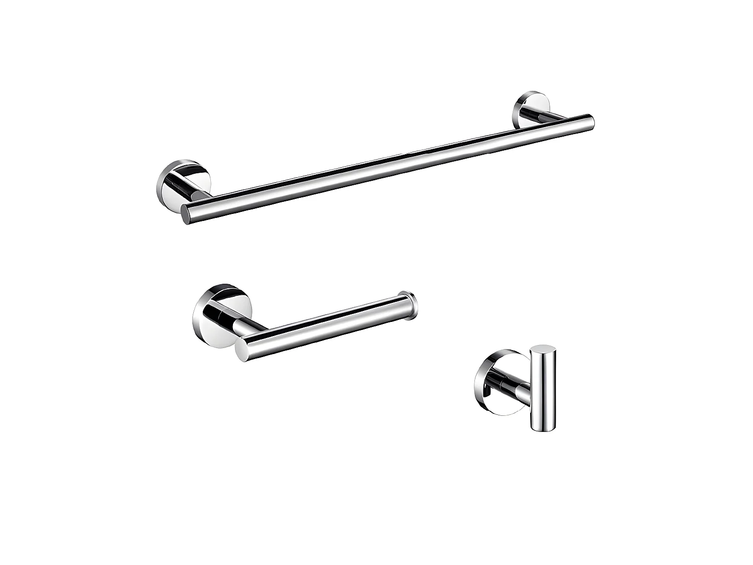 Pack accessoires salle de bain CHARLES chromé   1 crochet + 1 porte-serviette + 1 porte rouleau