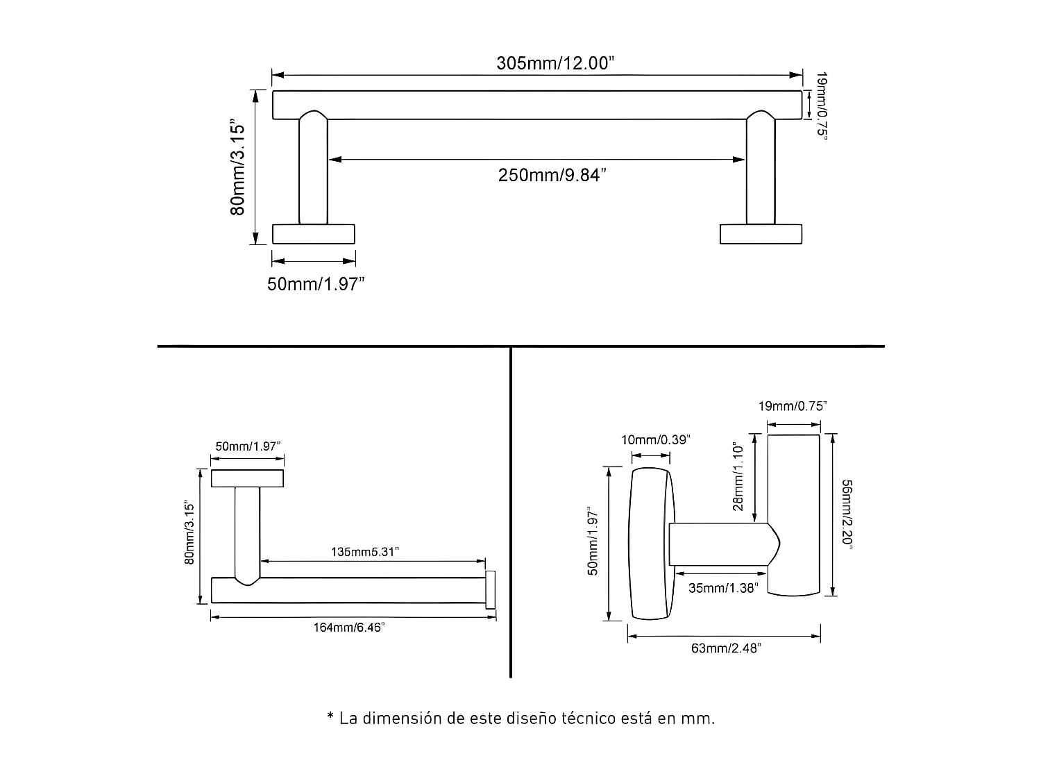 Conjunto CHARLES 30 cromado  Toallero + portarrollos + 2 perchas