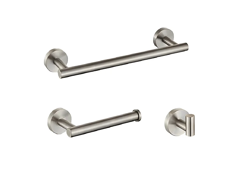 Pack accessoires salle de bain CHARLES acier brossé   1 crochet + 1 porte-serviette + 1 porte rouleau