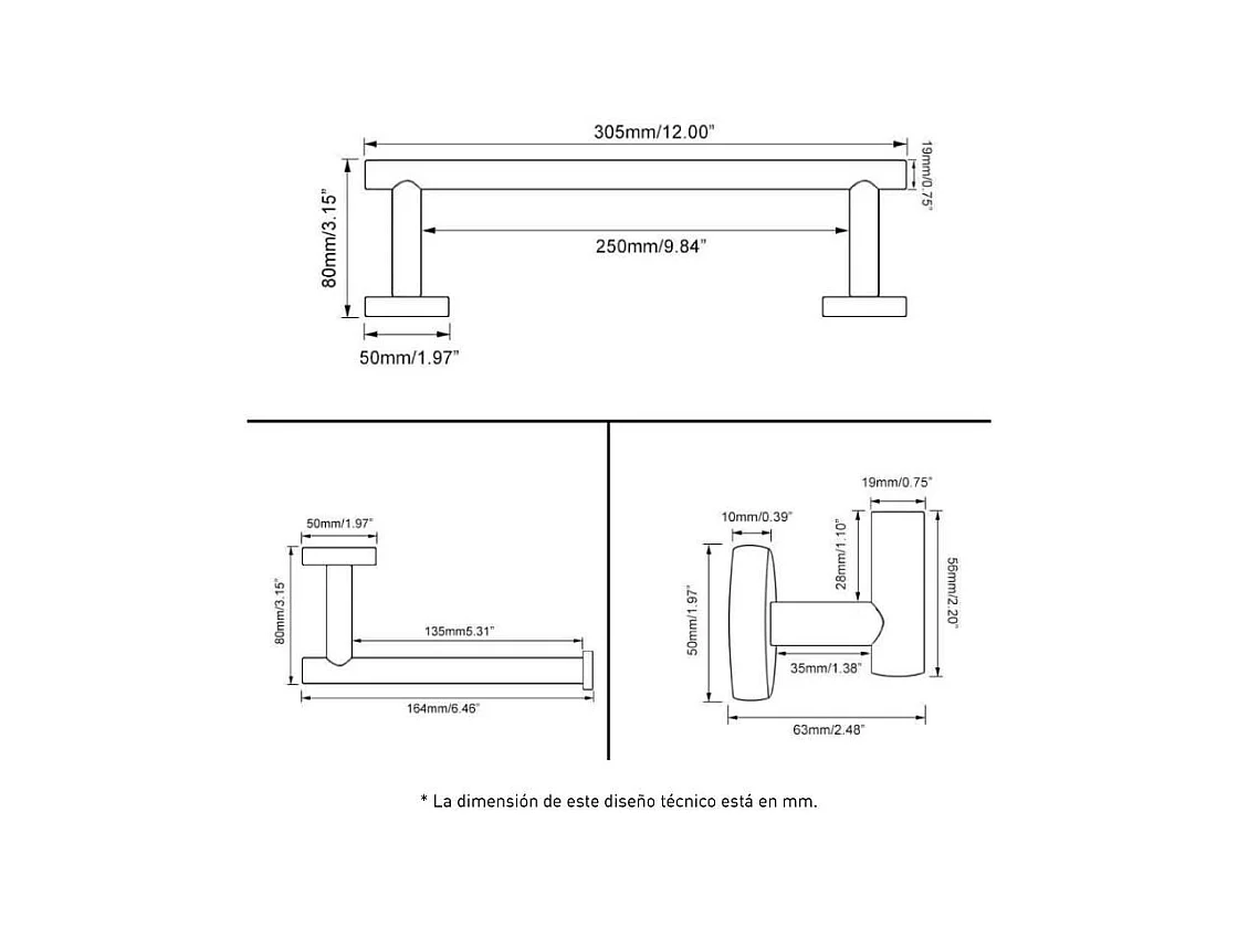 Pack accessoires salle de bain CHARLES acier brossé   2 crochets + 1 porte-serviette + 1 porte rouleau