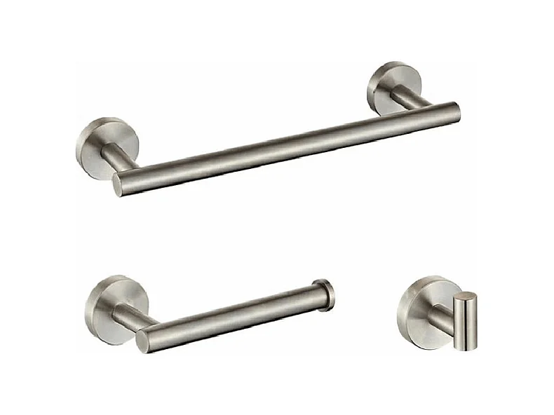 Pack accessoires salle de bain CHARLES acier brossé   3 crochets + 1 porte-serviette + 1 porte rouleau