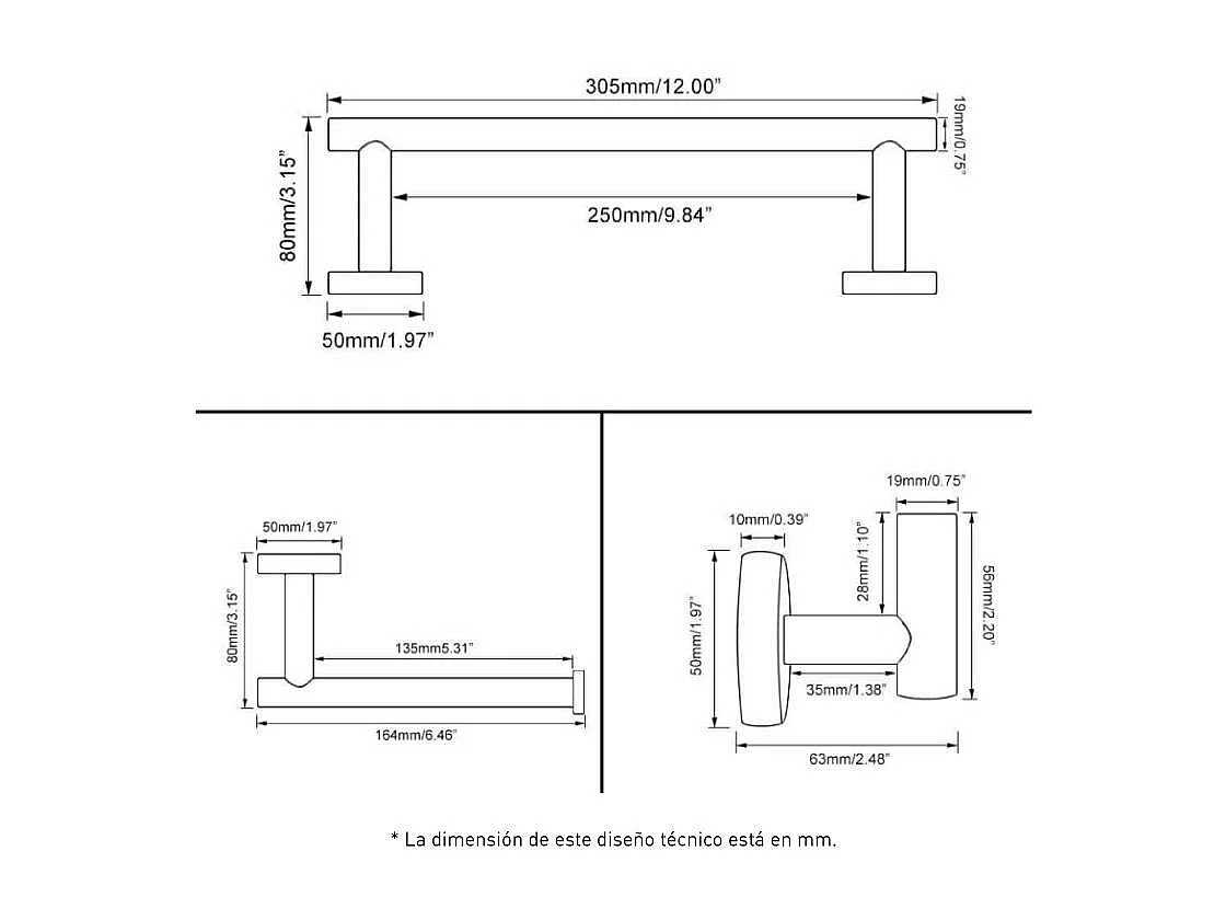Conjunto CHARLES 30 acero cepillado  Toallero + portarrollos + 3 perchas