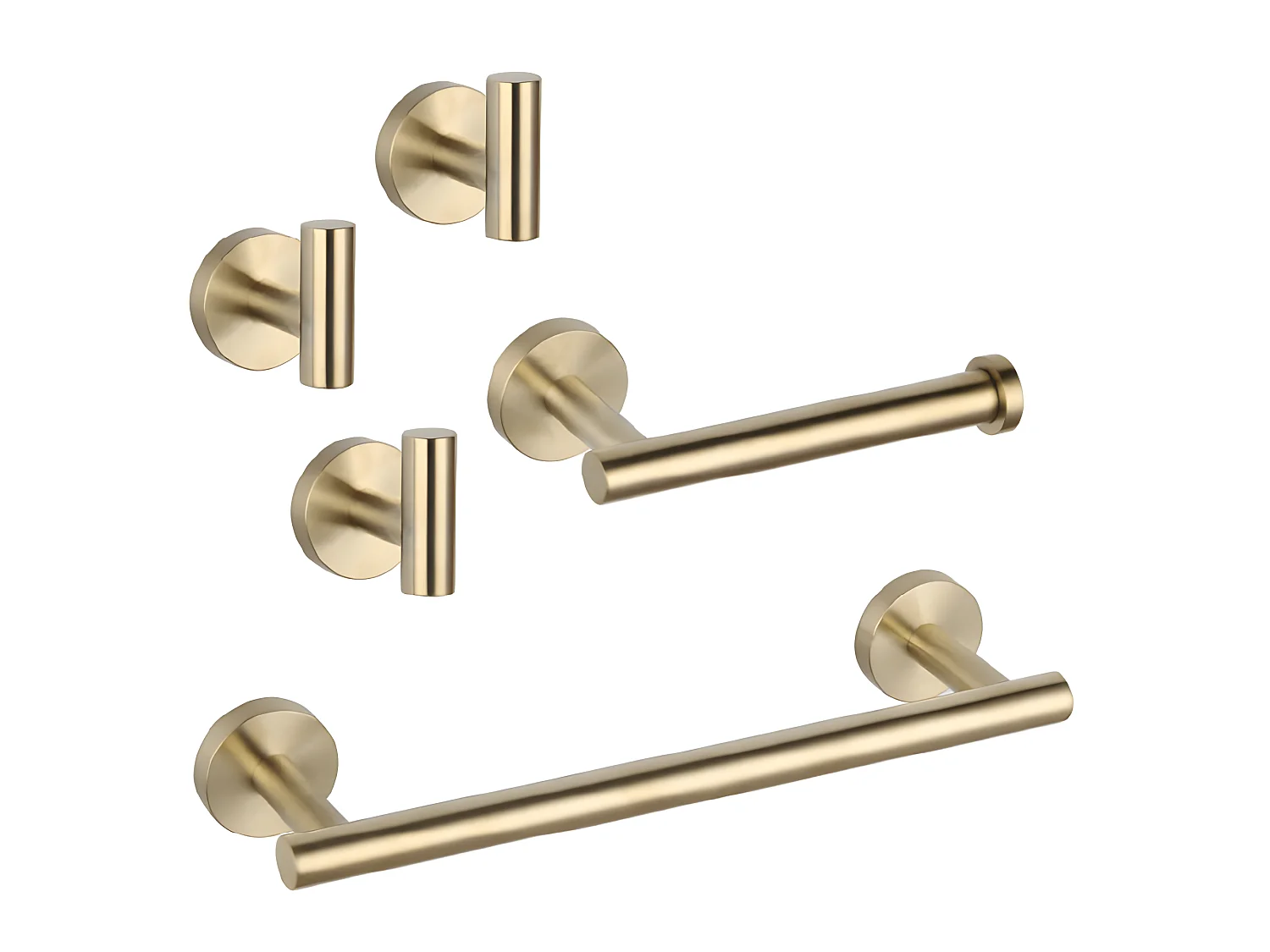 Pack accessoires salle de bain CHARLES or brossé   3 crochets + 1 porte-serviette + 1 porte rouleau