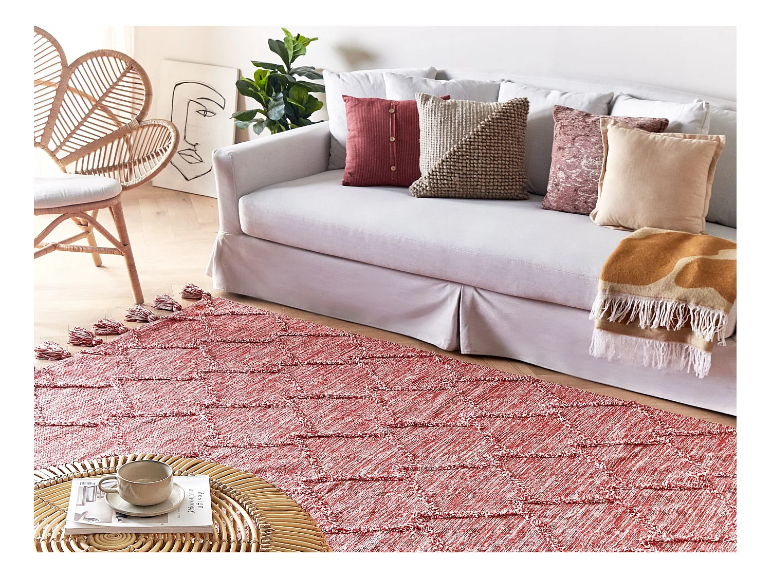 Teppich Baumwolle rot 160 x 230 cm Boho mit Quasten Nigde