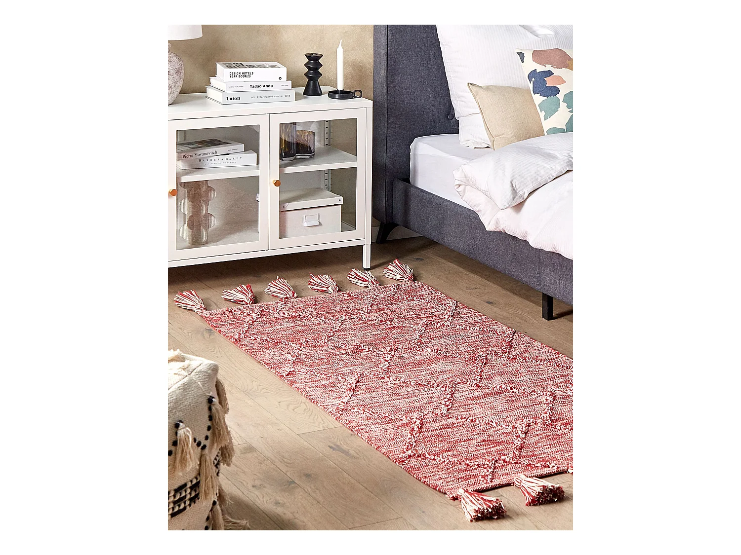 Teppich Baumwolle rot 80 x 150 cm Boho mit Quasten Nigde