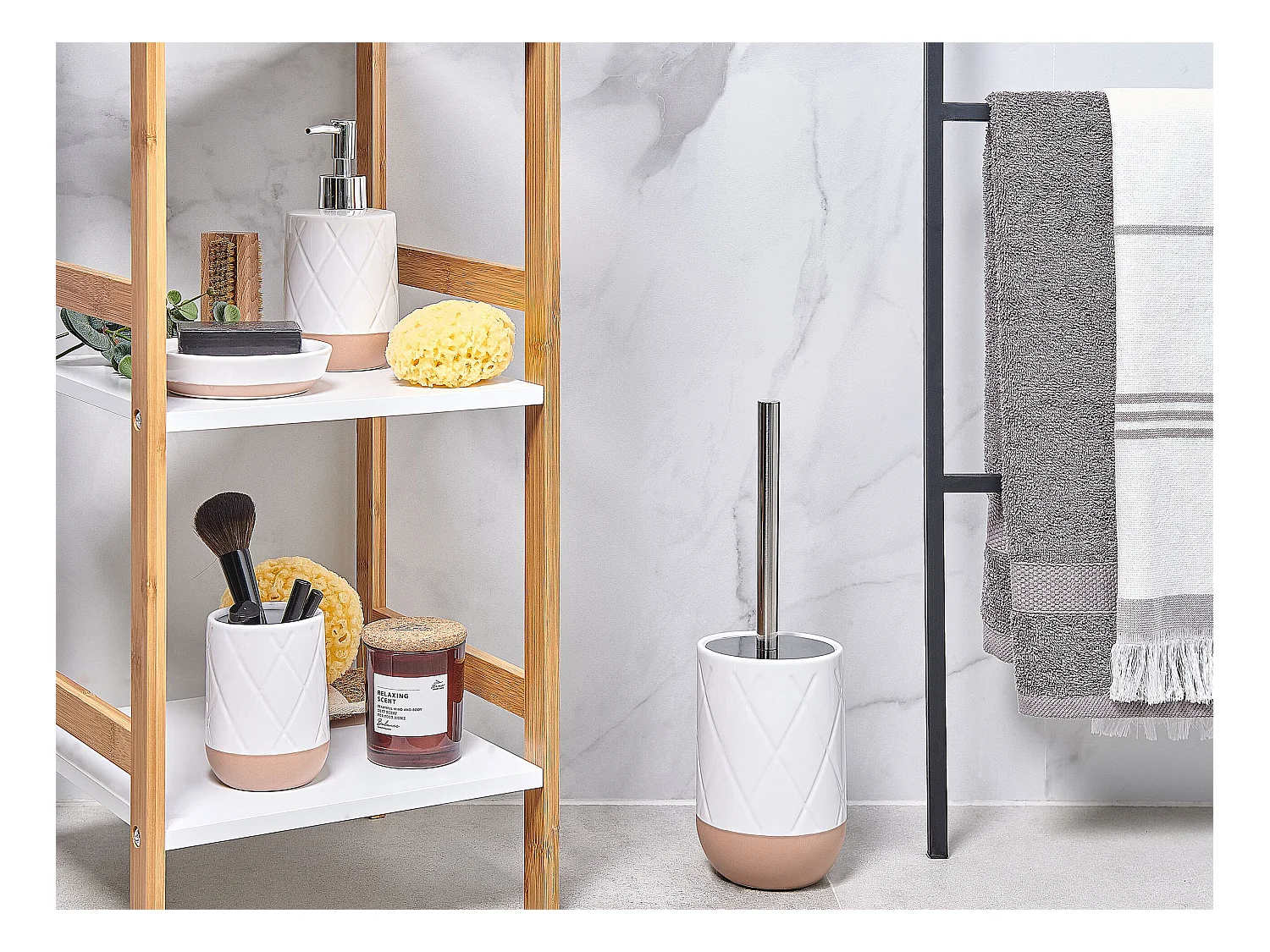 Elegantes Badezimmer-Zubehör 4-teilig aus Keramik in Weiß/Beige Lebu