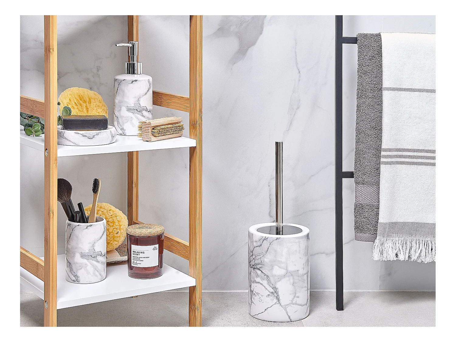 Badezimmer Set 4-teilig Keramik weiß / grau Marmor Optik Modern Arauco