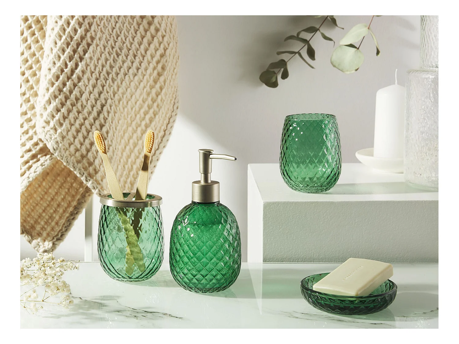 Badezimmer Set 4-teilig aus Glas in Grün moderner Stil Canoa