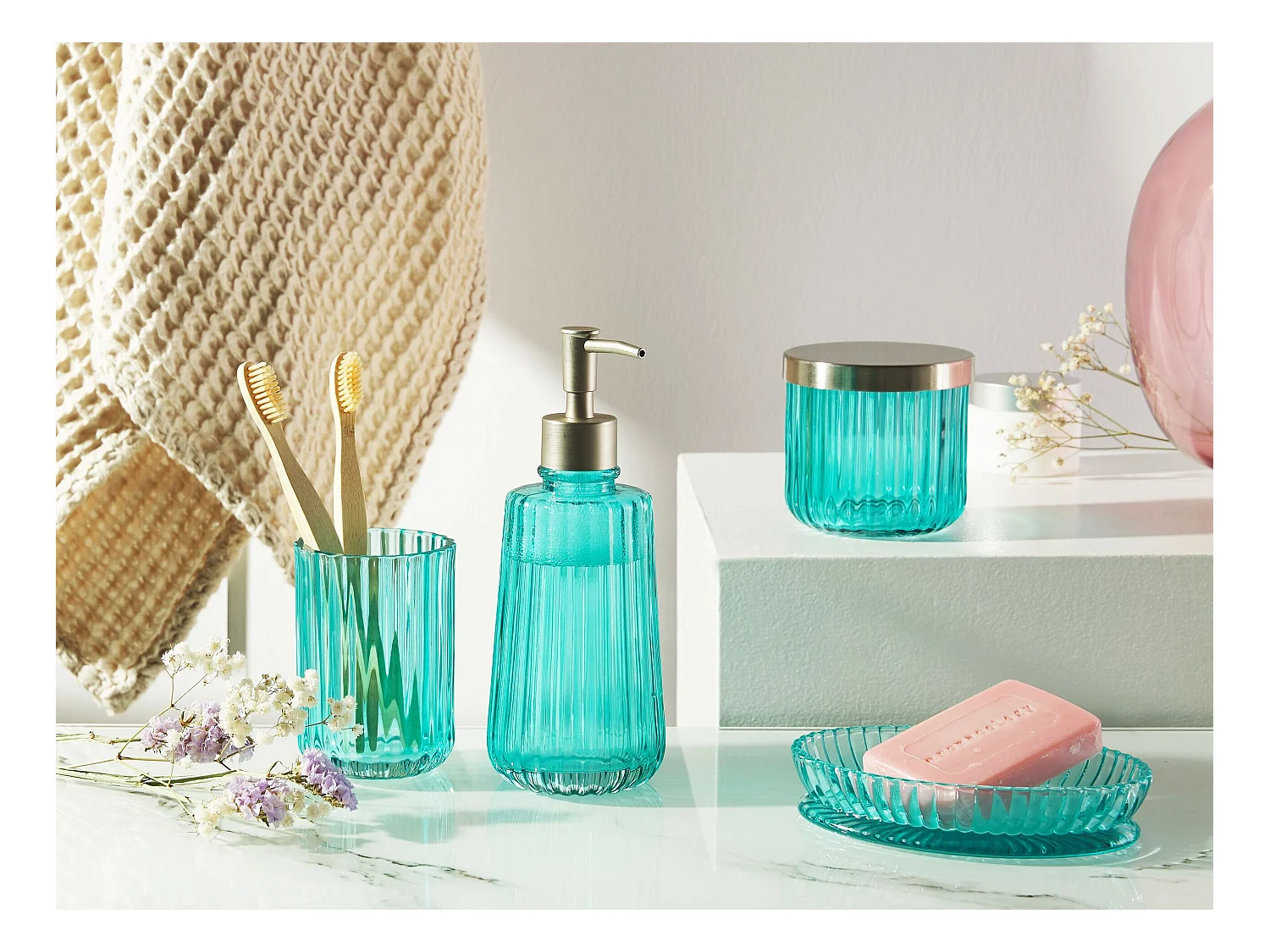 4-delige badkameraccessoireset TECATE Glas Blauw