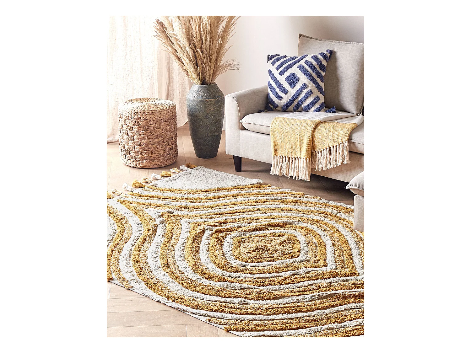 Teppich Baumwolle abstraktes Muster gelb / beige 140 x 200 cm Boho Bingol